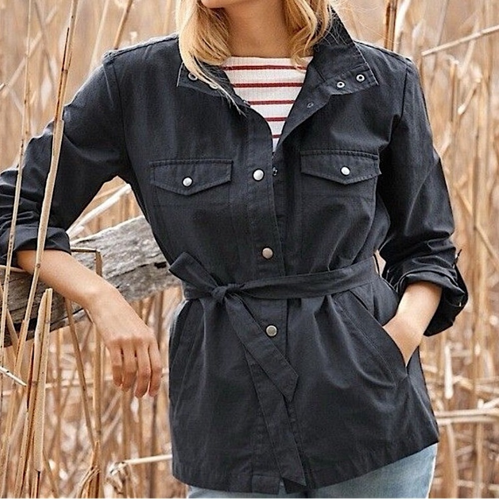 Garnet Hill Twill Cargo Jacket Belted Roll-Tab Sleeves Carbon Blue‎ XS